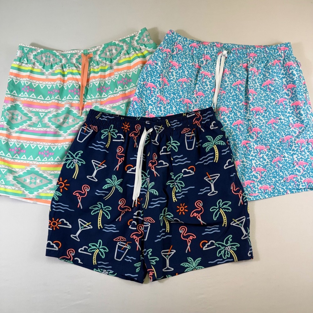 Lot of 3 Chubbies Swim Trunks 7" Mens XL Multi Neon Flamingo Geometric Lined EUC